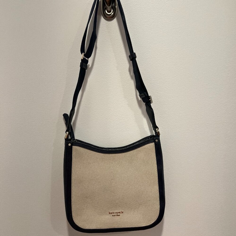 Kate Spade Roulette Medium Women’s Messenger Bag Creme Canvas with Blue Leather